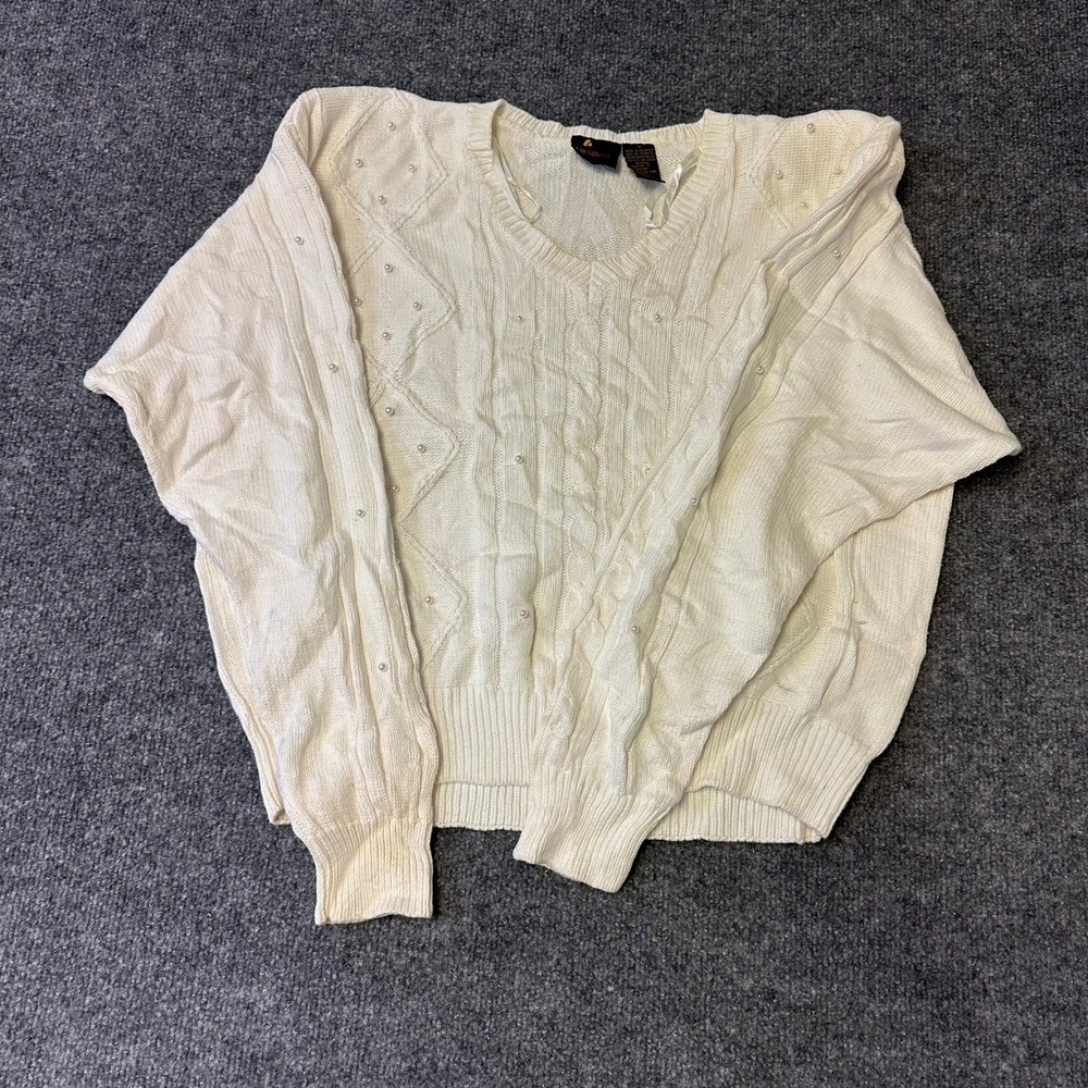 Liz Sport Sweater Womens Size M Cream Cable Knit Pearl Embellished Cotton V-Neck